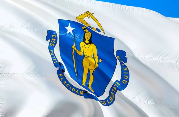Massachusetts flag. 3D Waving USA state flag design. The national US symbol of Massachusetts state, 3D rendering. National colors and National flag of Massachusetts for a background. American state flag sil