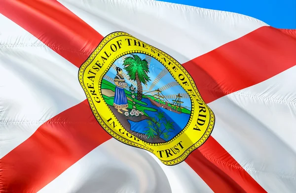 Florida flag. 3D Waving USA state flag design. The national US symbol of Florida state, 3D rendering. National colors and National flag of Florida for a background. American state flag sil