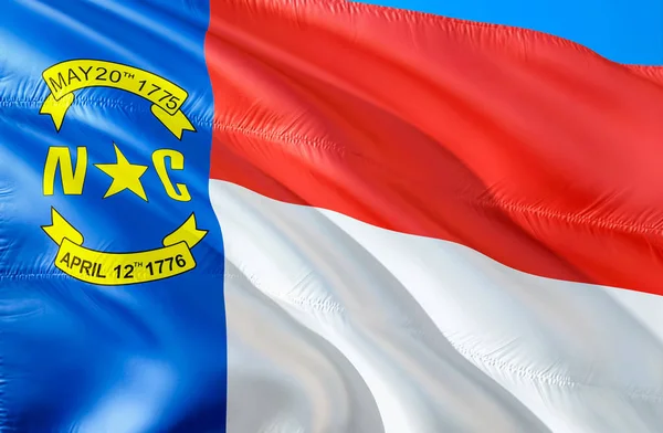 North Carolina flag. 3D Waving USA state flag design. The national US symbol of North Carolina state, 3D rendering. National colors and National flag of North Carolina for a background. American state flag sil