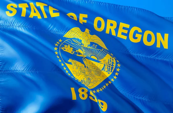 Oregon flag. 3D Waving USA state flag design. The national US symbol of Oregon state, 3D rendering. National colors and National flag of Oregon for a background. American state flag sil