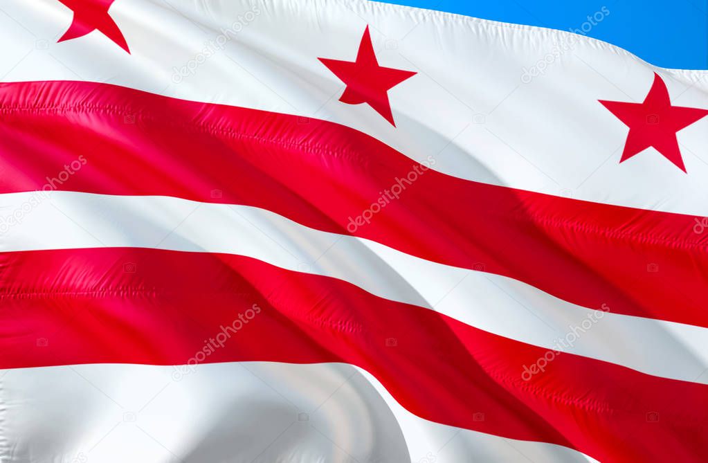 Washington D.C. flag. 3D Waving USA state flag design. The national US symbol of Washington D.C. state, 3D rendering. National colors and National flag of Washington D.C. District of Columbi