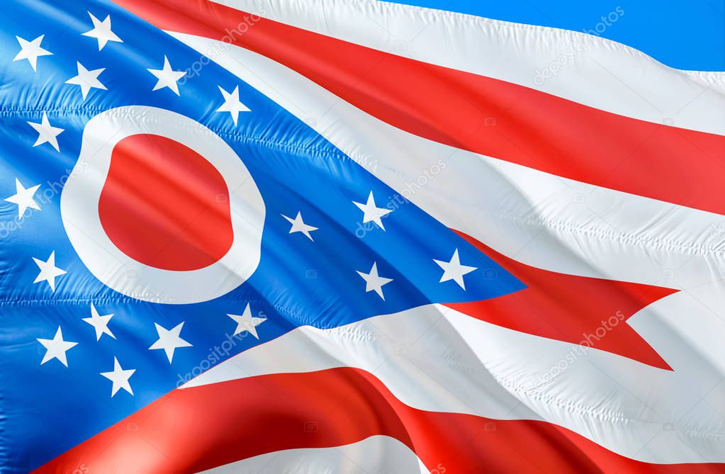 Ohio flag. 3D Waving USA state flag design. The national US symbol of Ohio state, 3D rendering. National colors and National flag of Ohio for a background. American state flag sil