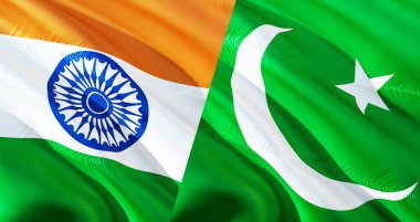 Pakistan ve Hindistan bayrakları. Dalgalanan bayrak tasarım, 3d render. Pakistan'dan