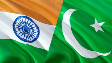 Pakistan ve Hindistan bayrakları. Dalgalanan bayrak tasarım, 3d render. Pakistan'dan