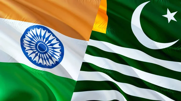 Vlaggen van Kasjmir en India. Wapperende vlag ontwerp, 3D-rendering. Kashmi — Stockfoto