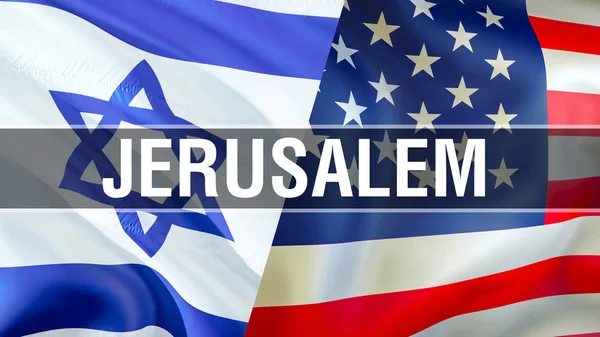 Jeruzalem op de VS en Israël vlaggen. 3D rendering zwaaiende vlag Desi — Stockfoto