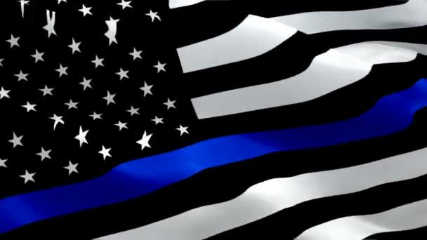 風のビデオ映像で手を振る警察旗遷移フルHd 薄い青い線旗法執行シンボル 薄い青い線のアメリカの旗 グランジ老人の背景 モノクロの色域 — ストック動画