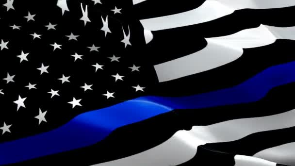 アメリカの警察の旗ビデオは風に揺れ リアルな細い青い線の旗の背景 アメリカの警察フラグループクローズアップ1080PフルHd 1920X1080映像 アメリカの警察法執行機関の旗 — ストック動画