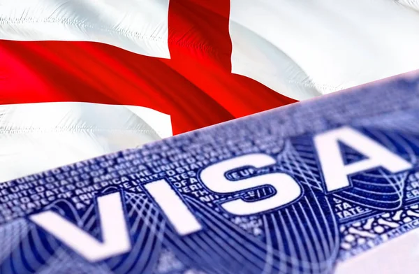 text VISA on England visa stamp in passport, 3D rendering. passp
