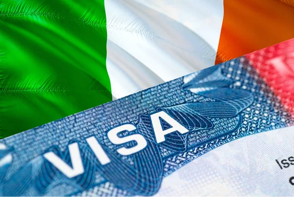 Ireland Visa Document, with Ireland flag in background, 3D rende