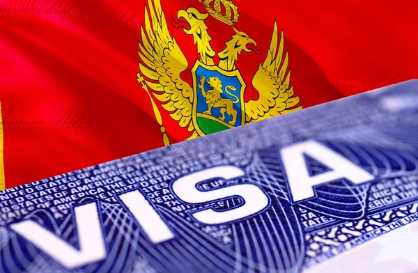 Montenegro Visa Document, with Montenegro flag in background, 3D