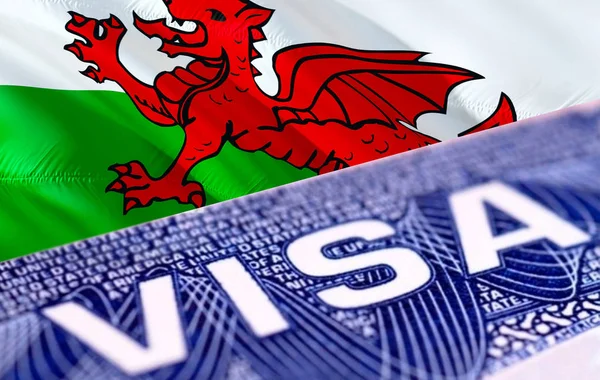 Wales visa document close up, 3D rendering. Passport visa on Wal