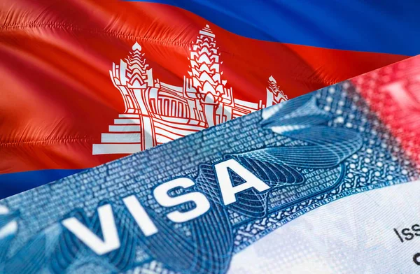 Cambodia Visa Document, with Cambodia flag in background, 3D ren