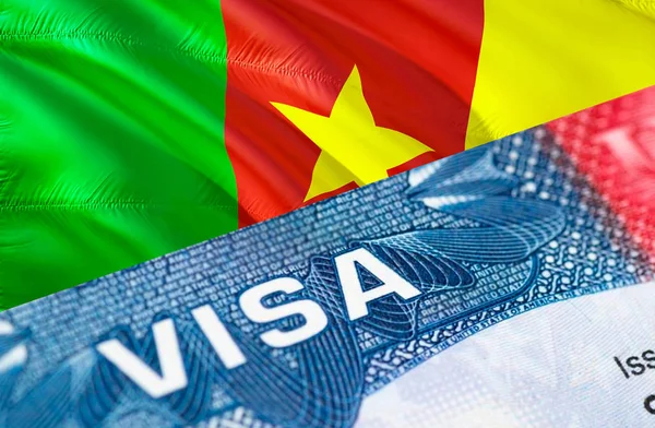 Cameroon Visa Document, with Cameroon flag in background, 3D ren