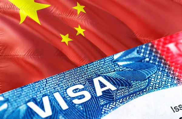 Chinese Visa Document, with Chinese flag in background, 3D rende