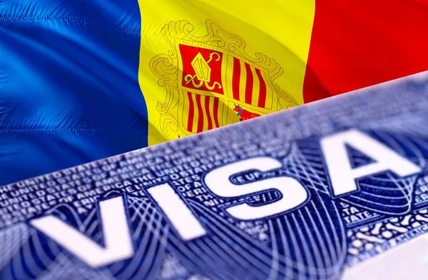 Andorra Visa Document, with Andorra flag in background, 3D rende