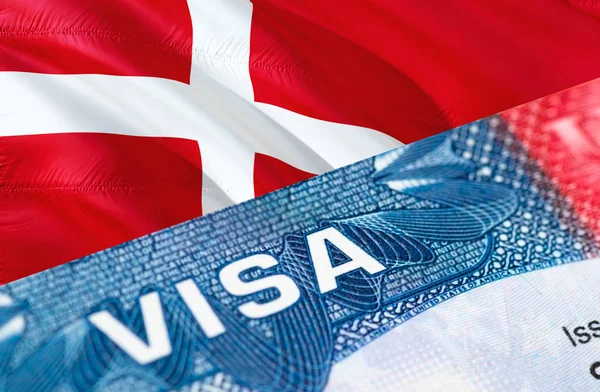 Denmark Visa Document, with Danish flag in background, 3D render