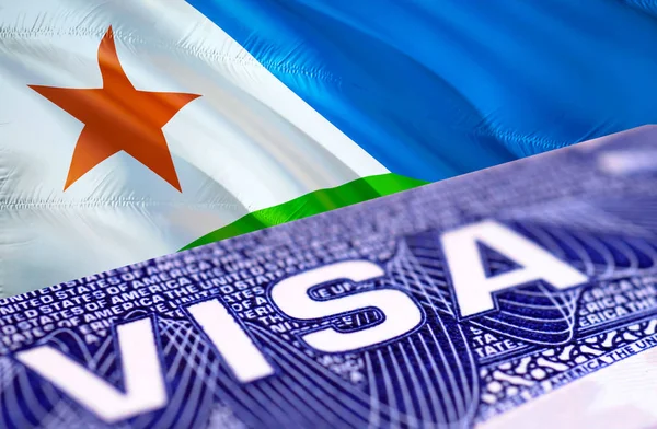 Djibouti Visa Document, with Djibouti flag in background, 3D ren