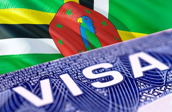 Dominica visa document close up, 3D rendering. Passport visa on