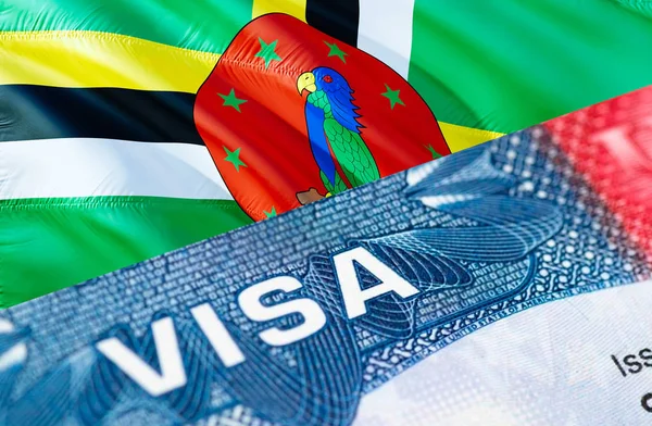 Dominica Visa Document, with Dominica flag in background, 3D ren