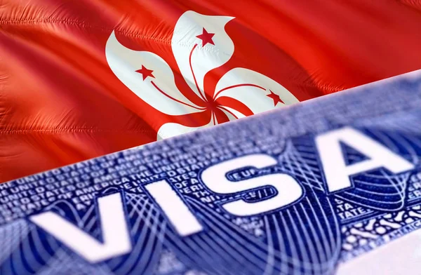 Hong Kong Visa Document, with Hong Kong flag in background, 3D r