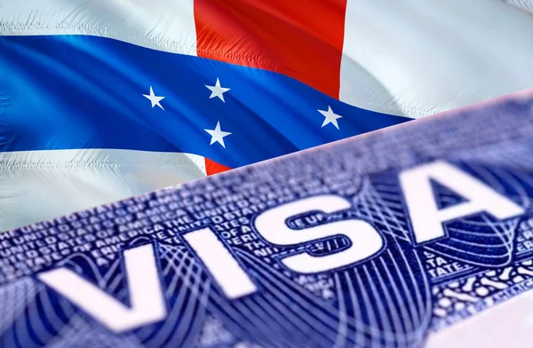 text VISA on Netherlands Antilles visa stamp in passport, 3D ren