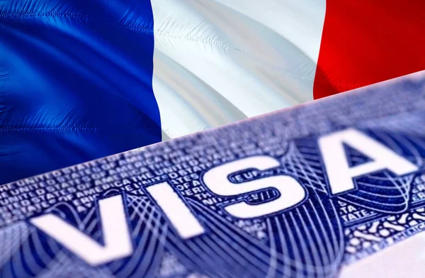 French visa document close up, 3D rendering. Passport visa on Fr