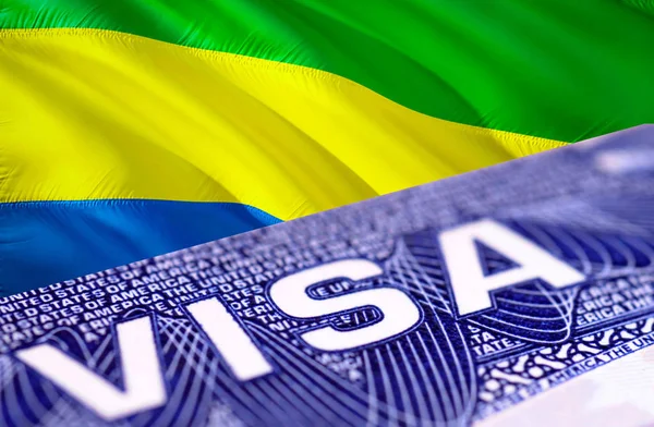 Gabon Visa Document, with Gabon flag in background, 3D rendering
