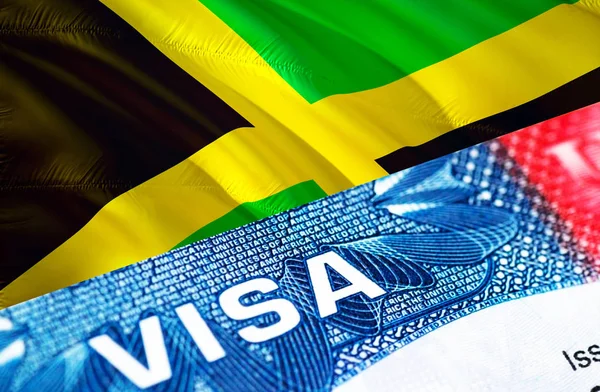 Jamaica visa document close up, 3D rendering. Passport visa on J