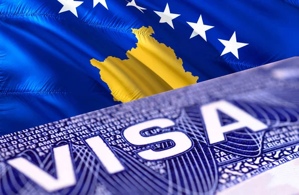 Kosovo Visa Document, with Kosovo flag in background, 3D renderi