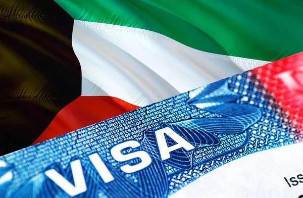 Kuwait visa document close up, 3D rendering. Passport visa on Ku
