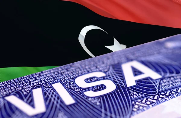 text VISA on Libya visa stamp in passport, 3D rendering. passpor