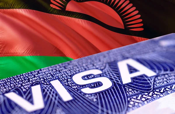 text VISA on Malawi visa stamp in passport, 3D rendering. passpo