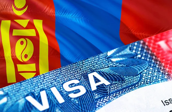 Mongolia Visa Document, with Mongolia flag in background, 3D ren