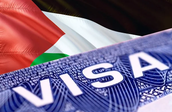 text VISA on Palestine visa stamp in passport, 3D rendering. pas