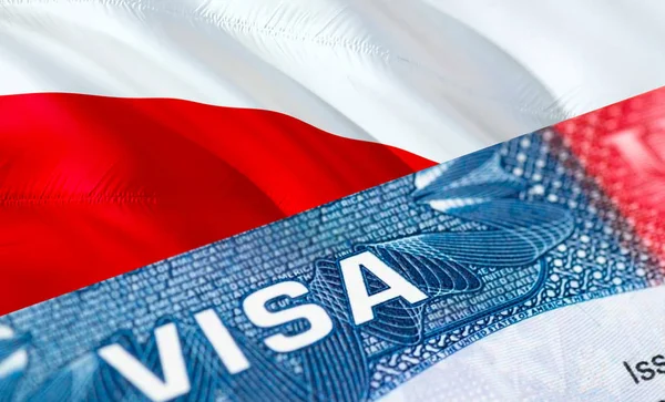 Poland Visa in the passport, 3D rendering. Closeup Visa to The P
