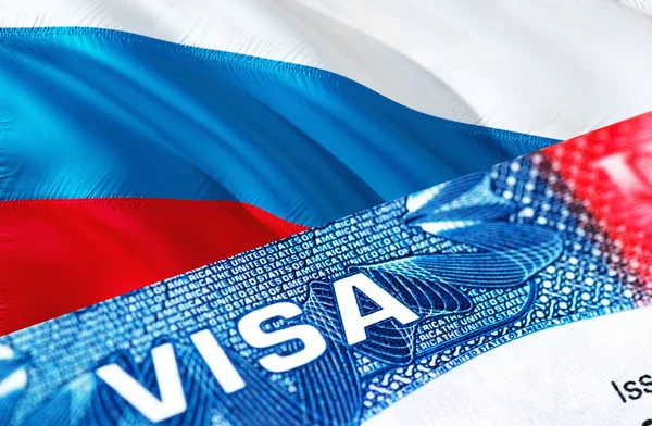 Russia Visa Document, with Russia flag in background, 3D renderi