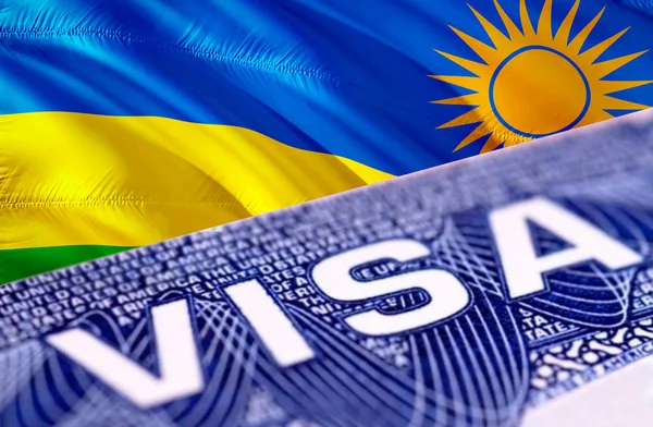 Rwanda Visa in the passport, 3D rendering. Closeup Visa to The R