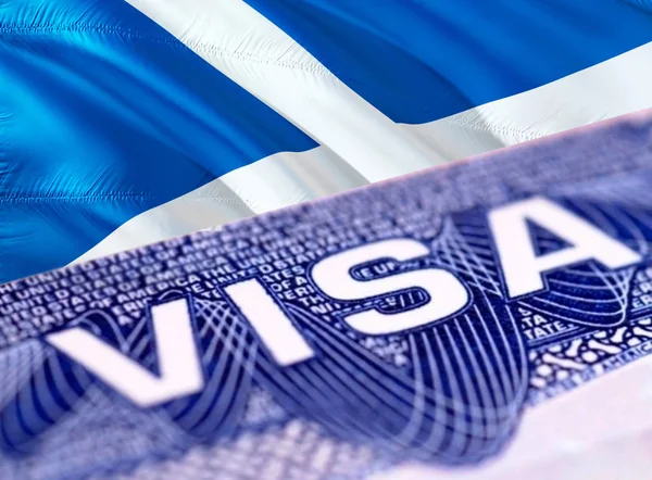 Scotland Visa Document, with Scotland flag in background, 3D ren