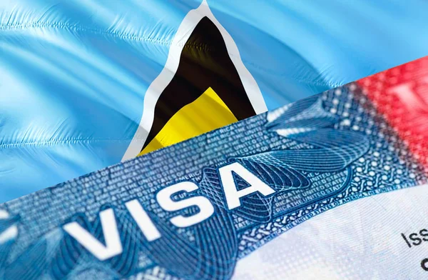 St Lucia Visa Document, with Saint Lucia flag in background, 3D