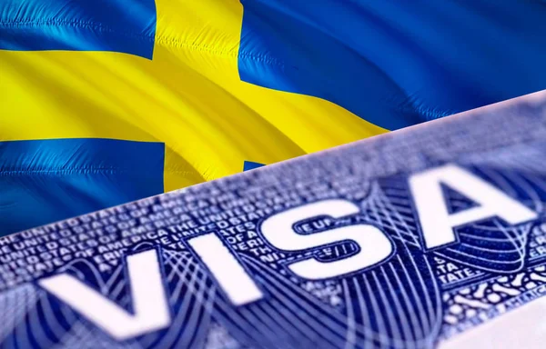 Sweden Visa Document, with Sweden flag in background, 3D renderi