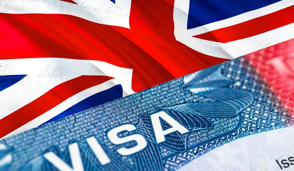 Great Britain Visa in the passport, 3D rendering. Closeup Visa t