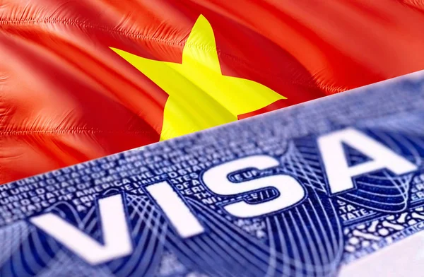 Vietnam Visa Document, with Vietnam flag in background, 3D rende