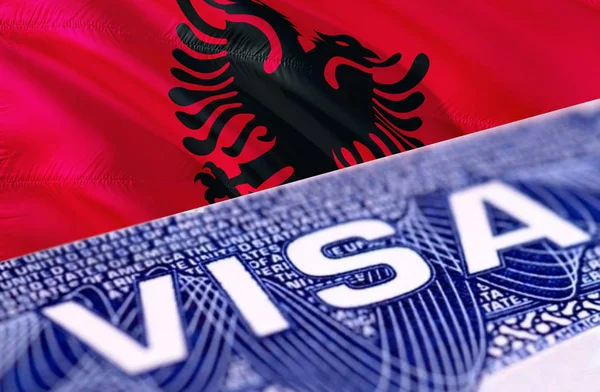 Albania Visa Document, with Albania flag in background, 3D rende