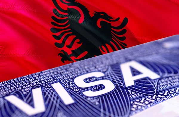Albania Visa in the passport, 3D rendering. Closeup Visa to The