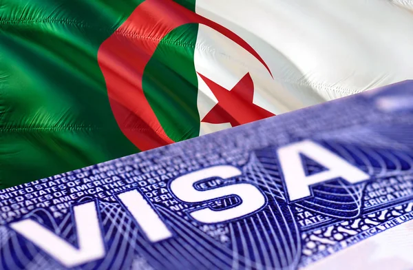 Algerian Visa Document, with Algerian flag in background, 3D ren