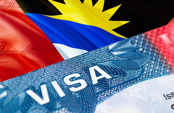 text VISA on Antigua and Barbuda visa stamp in passport, 3D rend