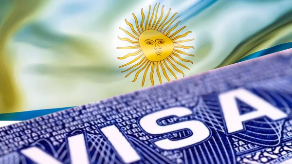 Argentina Visa Document, with Argentina flag in background, 3D r