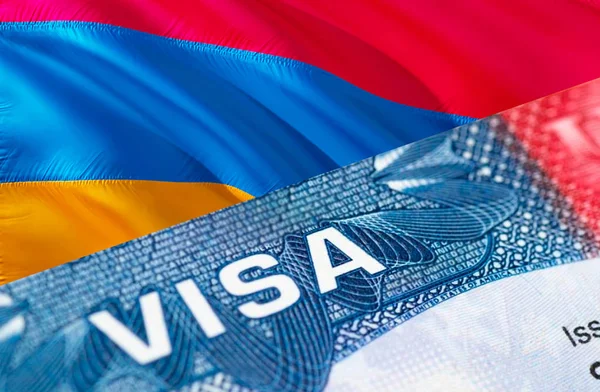 Armenia Visa Document, with Armenia flag in background, 3D rende