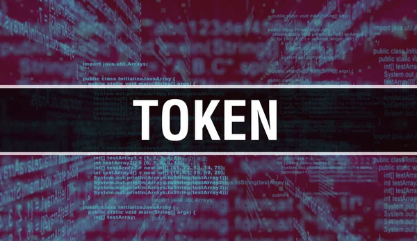 Token with Digital java code text. Token and Computer software c — Stock Photo, Image